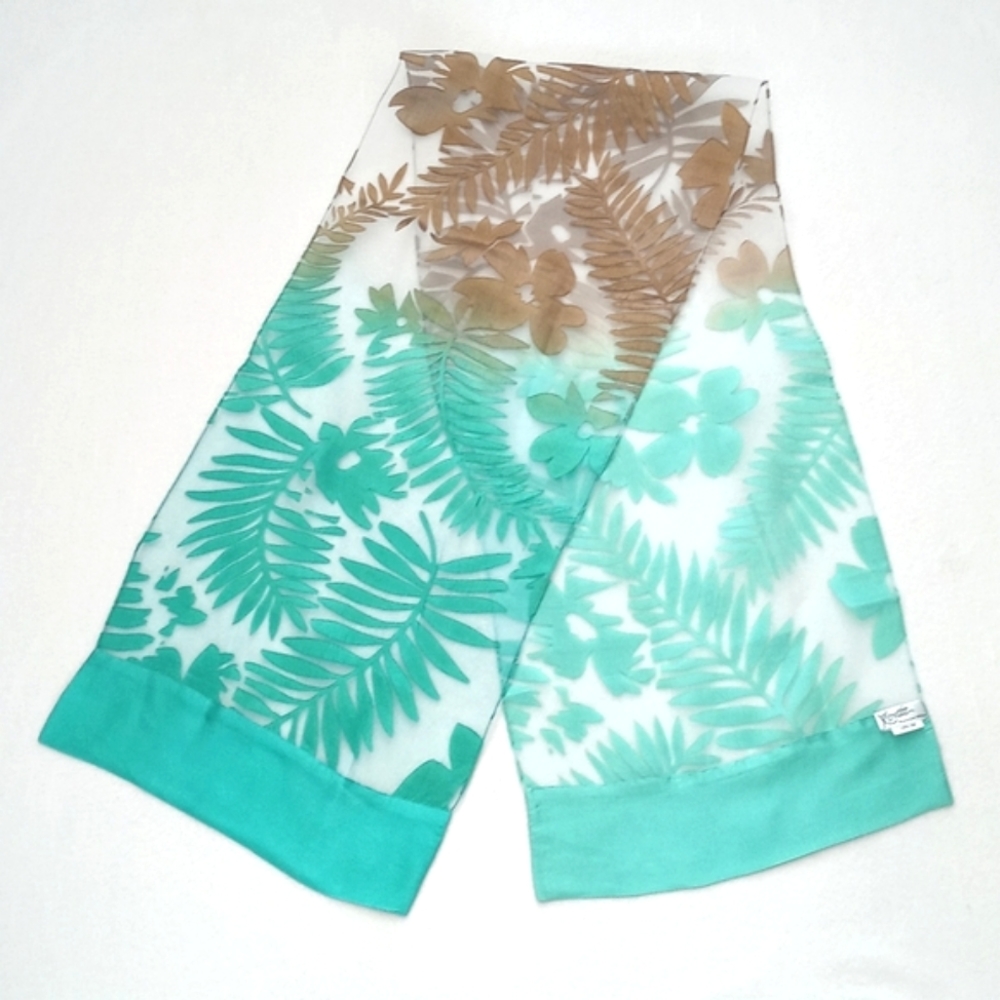 Kavita 100% Silk Aqua Painted Long Scarf In Teal, Sky Blue & Earth Tone Browns - Picture 13 of 15